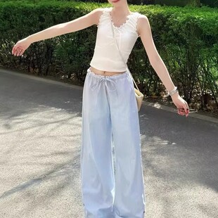 减龄蓝色条纹长裤女夏抽绳蕾丝花边低腰休闲裤时尚显瘦宽松阔腿裤