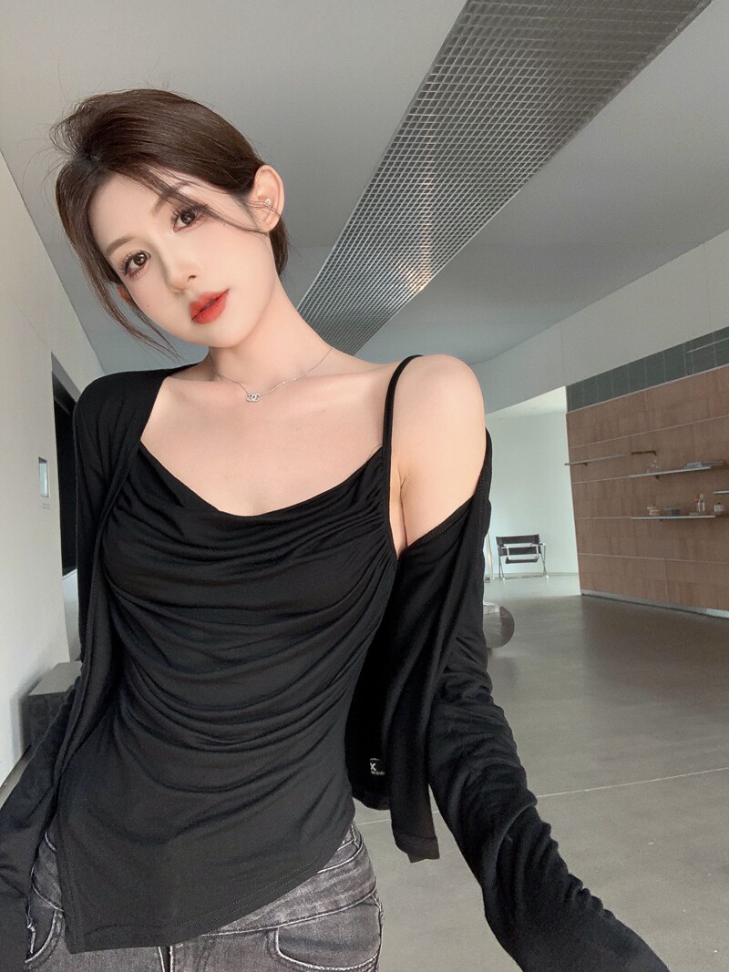순수한 섹시한 섹시한 여자 스타일 흰색 캐미솔 바닥 탱크 탑 + 얇은 자외선 차단 외부 작은 카디건 여성 여름을위한 투피스 세트