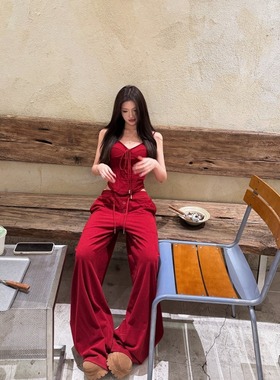 美式辣妹红色套装女春性感系带小吊带背心上衣宽松阔腿拖地裤长裤