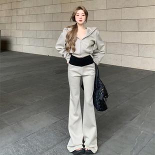 辣妹连帽拉链长袖 子加绒一整套女冬 卫衣外套上衣撞色微喇叭拖地裤
