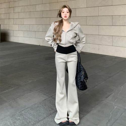 辣妹连帽拉链长袖卫衣外套上衣撞色微喇叭拖地裤子加绒一整套女冬