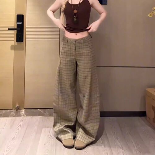 慵懒垂感格纹低腰西装裤女秋冬加绒加厚长裤宽松阔腿休闲裤拖地裤