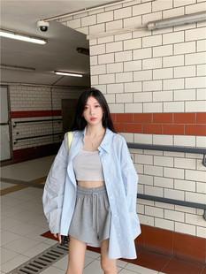 防晒外套衬衣 上衣宽松中长款 蓝色条纹polo领衬衫 女秋慵懒休闲长袖