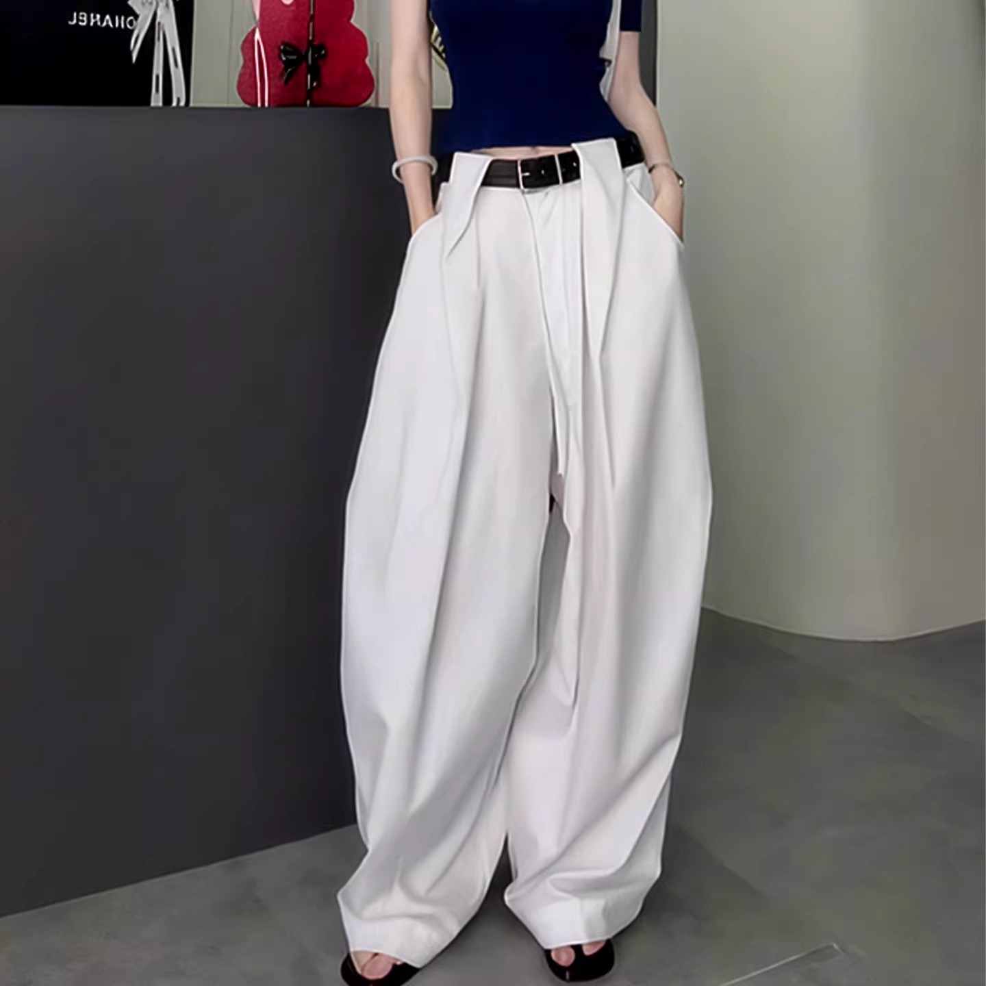 2025春季新款白色长裤美式抽绳高腰工装裤宽松百搭阔腿拖地裤子女图片