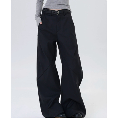 黑色休闲裤女秋冬辣妹加绒加厚低腰垂感西装长裤宽松阔腿拖地裤子