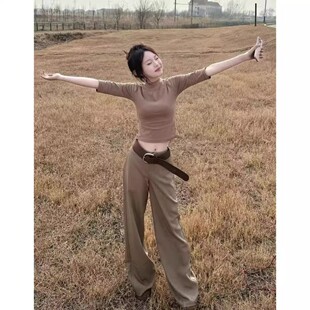辣妹半高领中袖针织衫上衣低腰垂感休闲裤宽松阔腿长裤子套装女夏
