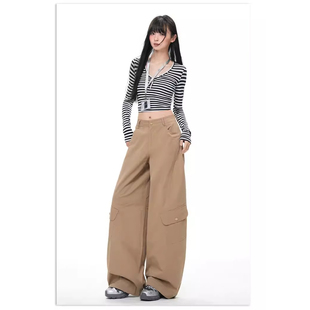 卡其色工装阔腿裤女春季加绒加厚美式复古高腰长裤宽松弯刀休闲裤
