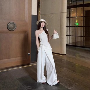 垂感白色休闲裤女春季设计感绑带低腰长裤宽松阔腿裤子时尚拖地裤