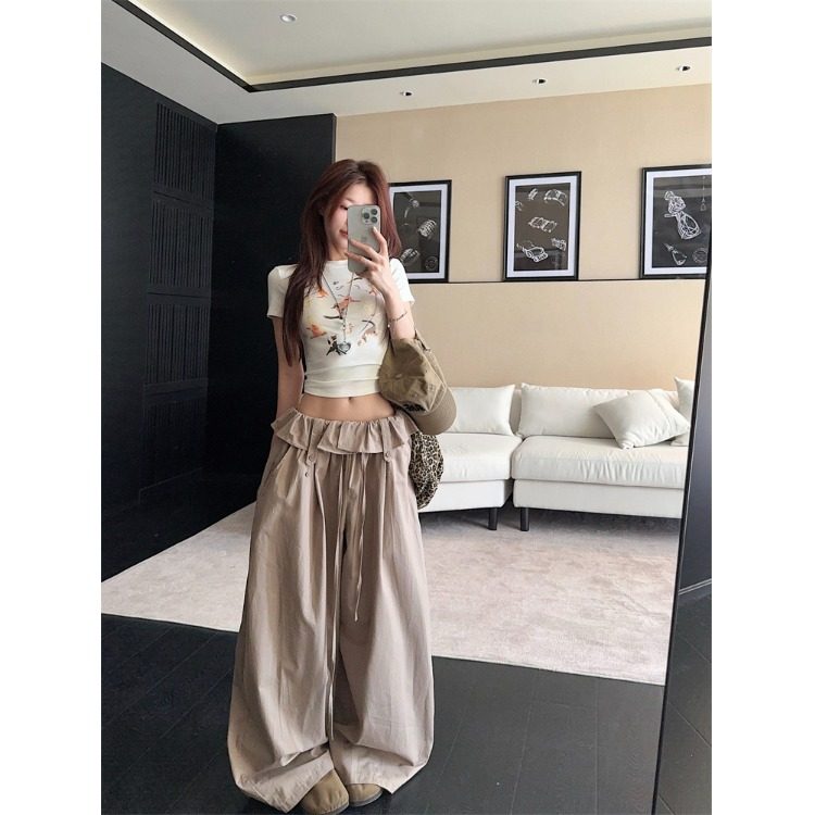 设计感抽绳花苞腰头休闲裤女秋季卡其色长裤宽松百搭阔腿拖地裤子