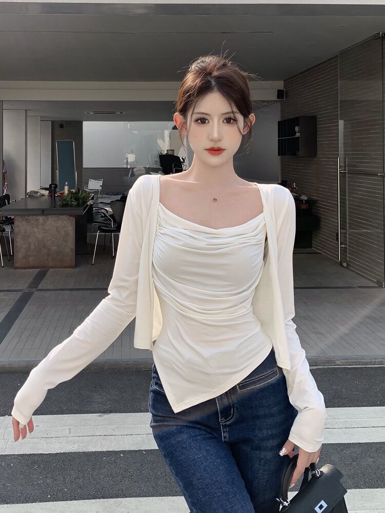 순수한 섹시한 섹시한 여자 스타일 흰색 캐미솔 바닥 탱크 탑 + 얇은 자외선 차단 외부 작은 카디건 여성 여름을위한 투피스 세트