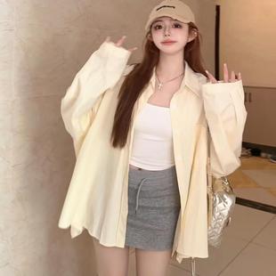长袖 减龄黄色条纹衬衫 甜美polo领宽松中长款 外套女装 衬衣上衣 秋季