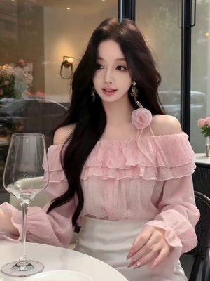 2026春季绝美独特漂亮温柔减龄气质粉色一字肩荷叶边波点衬衫上衣