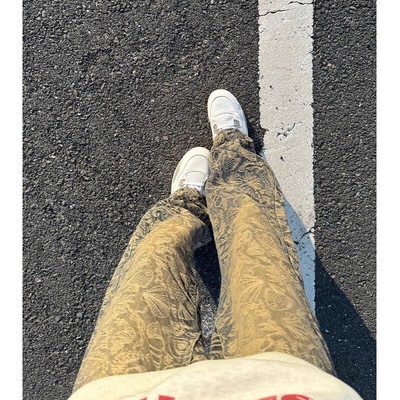 2025高街美式复古蓝满印提微喇牛仔裤男款裤子显瘦窄版直筒微喇裤