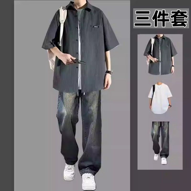 夏季衬衫男短袖休闲运动套装薄款痞帅运动时尚牛仔裤三件套青少年