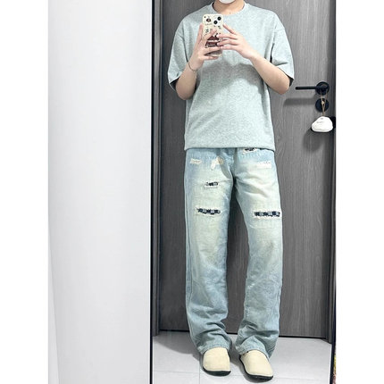 美式复古破洞补丁牛仔裤牛仔裤男款hiphop嘻哈宽松休闲直筒长裤子