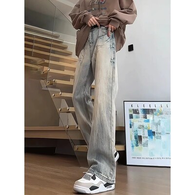 爆裂闪电纹牛仔裤男款设计感痞帅炸街裤子高街vibe显瘦直筒微喇裤