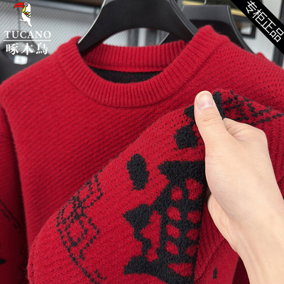 啄木鸟红色毛衣男圆领加厚针织衫