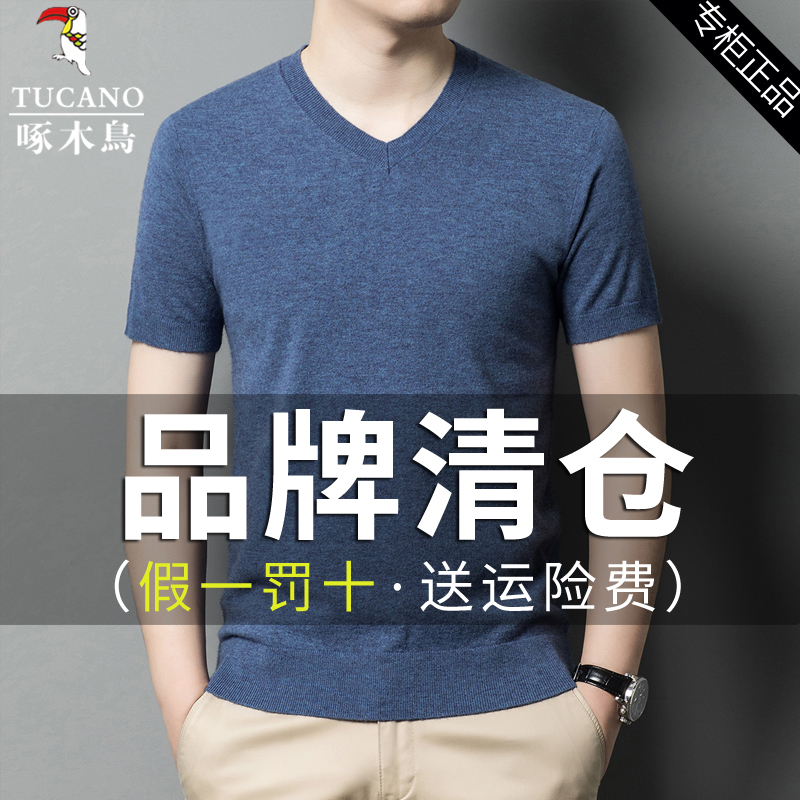 啄木鸟春季单面针织短袖V领毛衣