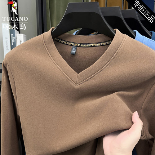 啄木鸟德绒V领保暖长袖磨毛t恤男
