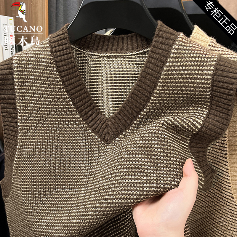 啄木鸟男士V领背心宽松无袖毛衣