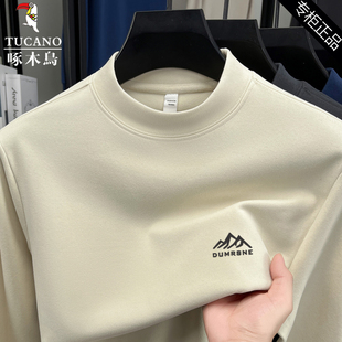 长袖 磨毛男士 t恤保暖内搭上衣 秋冬款 啄木鸟半高领德绒印花打底衫