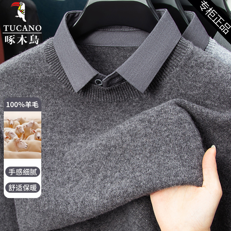 啄木鸟100%纯羊毛衫男翻领打底衫