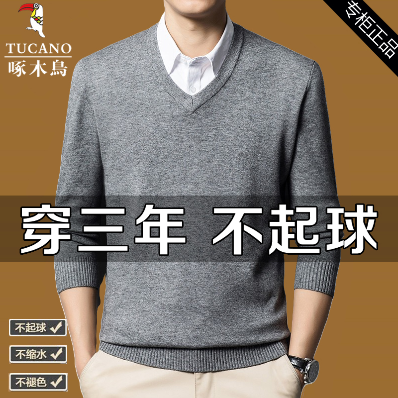 啄木鸟男士V领高档针织纯羊毛衫