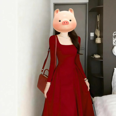 法式方领女显瘦收腰连衣裙