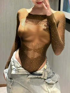 Lonelydance 纯辣*性感烫钻弹力镂空连体长袖女黑色透视渔网上衣