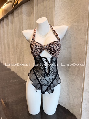 LonelyDance性感小猎豹*镂空交叉绑带文胸三点式豹纹连体衣女热辣