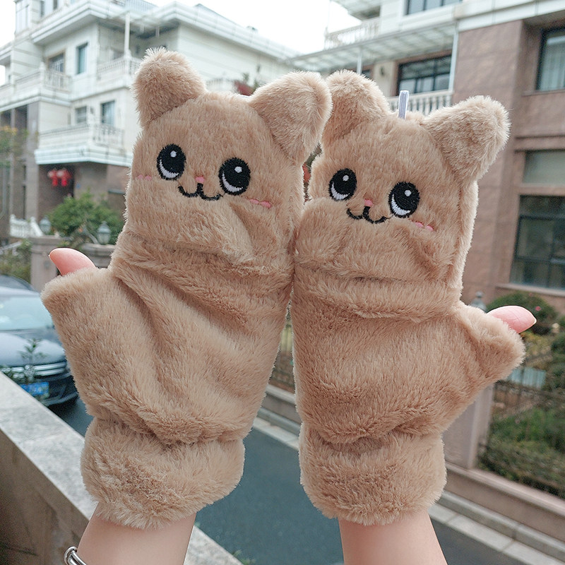 韩版秋冬季毛绒可爱卡通学生写字双层加厚保暖半截露指翻盖手套女