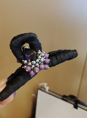 高级感紫色水晶串珠抓夹韩国进口手工缠绕布艺大号后脑勺鲨鱼夹子