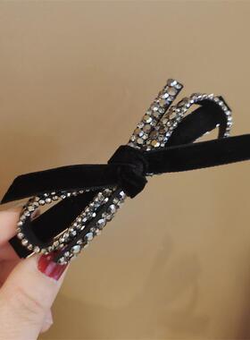 满钻丝绒蝴蝶结发夹淑女气质顶夹弹簧夹镶钻刘海侧边夹黑色鸭嘴夹