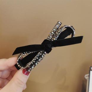 满钻丝绒蝴蝶结发夹淑女气质顶夹弹簧夹镶钻刘海侧边夹黑色鸭嘴夹