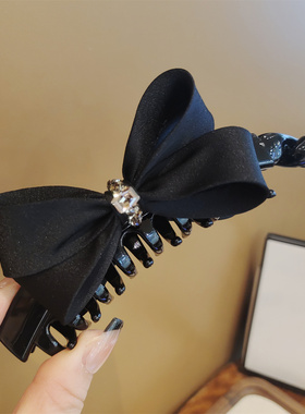高级感黑色缎面蝴蝶结发夹奥地利水钻水晶超大号香蕉夹马尾夹竖夹