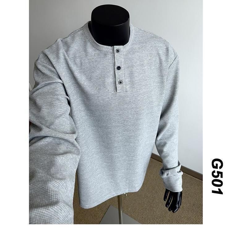 1506A/GWY6040/P38新款亨利领长袖T恤男士百搭宽松复古体恤衫1图片