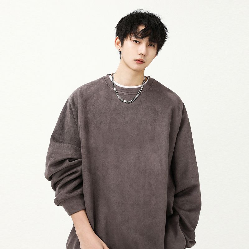 1506A/GW010/P40麂皮绒卫衣男重磅宽松大码男生圆领长袖打底衫图片