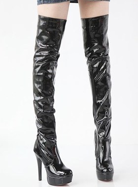 过膝长靴红色性感漆皮高跟长筒靴女黑色钢管舞靴白色女靴子40-43