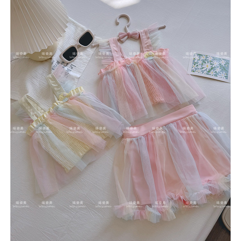 夏季可爱儿童泳衣女童分体炫彩裙式泳装女孩海边度假游泳装备洋气