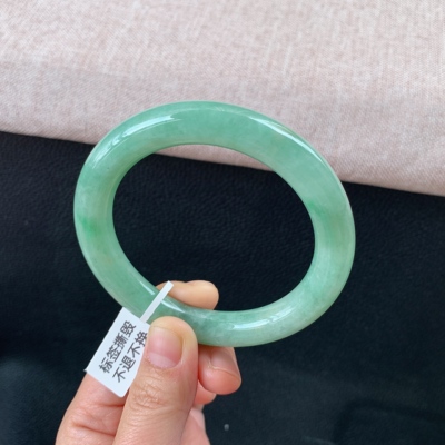 缅甸天然A货翡翠冰糯种满色手镯56.5mm老坑玉美人条手镯56/57圈口