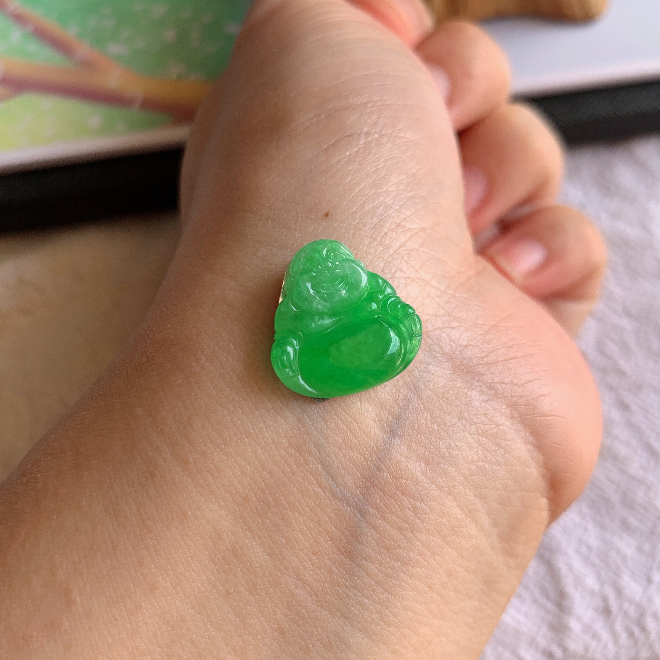 缅甸天然A货翡翠冰糯种满绿佛公裸石镶嵌件老坑玉佛公吊坠