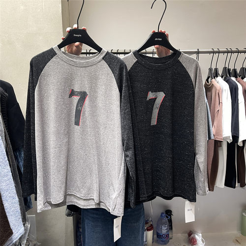 DANPIN单品 撞色插肩袖数字7印花长袖T恤女宽松慵懒撞色圆领上衣