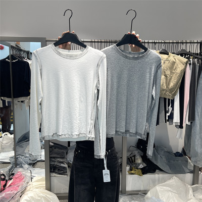 917 小众做旧拼接长袖打底衫撞色假两件设计韩系夏季减龄显瘦上衣