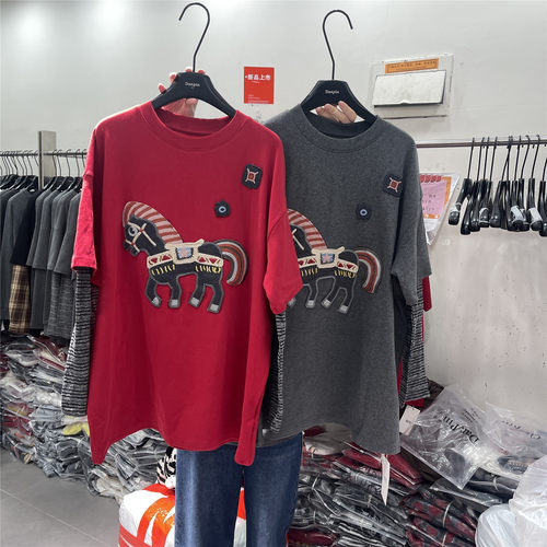 DANPIN单品 韩国东大门冬季小马刺绣重工袖子拼接长袖T恤打底衫女