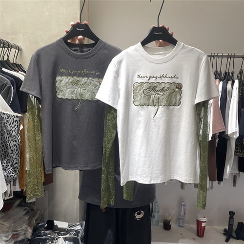 DANPIN单品 韩系蕾丝拼接假两件长袖t恤秋季字母复古显瘦圆领上衣