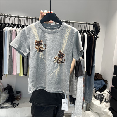 917 韩系甜酷风猫咪刺绣短袖T恤女蝴蝶结装饰圆领显瘦上衣打底衫