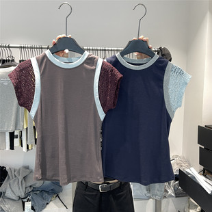 韩系设计感蕾丝拼接T恤2026 显瘦撞色飞飞袖 夏季 修身 上衣 新款 917