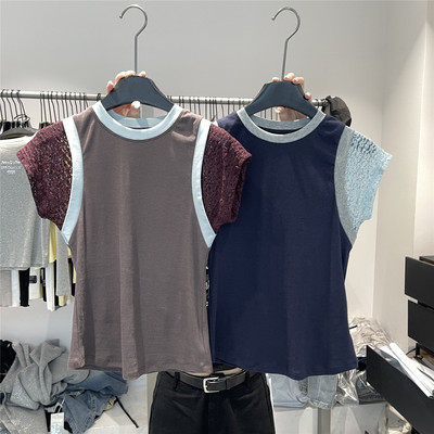 韩系蕾丝拼接飞飞袖显瘦T恤