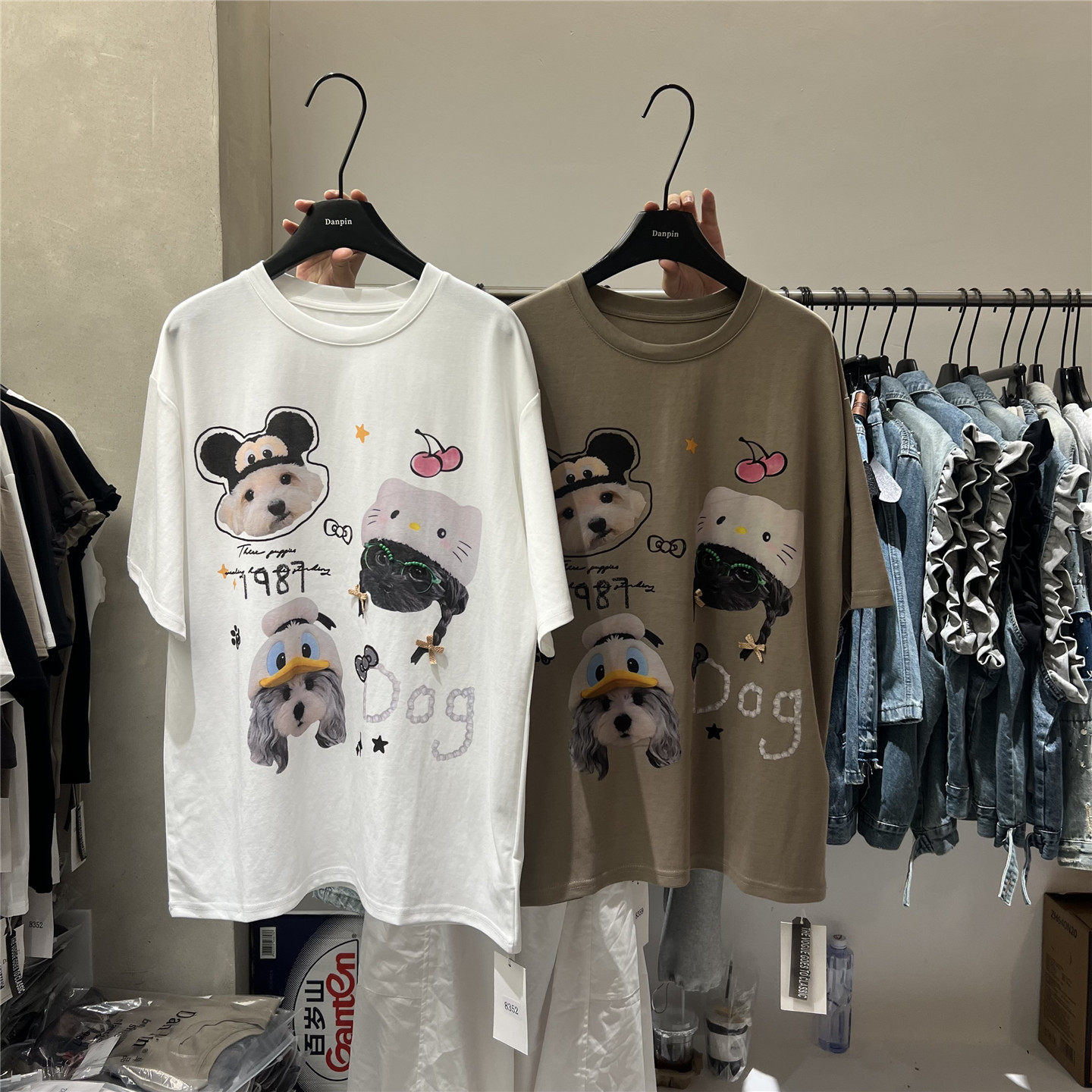 单品danpin 韩系卡通狗狗印花短袖T恤女夏季宽松oversize百搭上衣