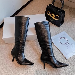妙达芙秋冬新款 方头鳄鱼纹高跟靴女细跟黑色性感长筒靴骑士靴长靴